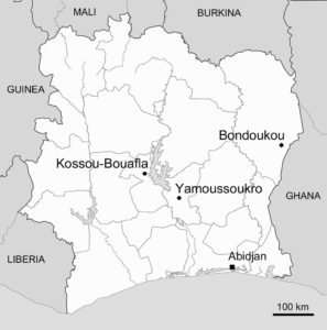 Map of Côte d'Ivoire showing the three regions where root nodules were sampled.
